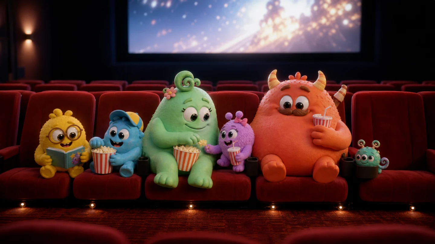 Die Plopps sitzen mit Popcorn in einem gemütlichen Kino