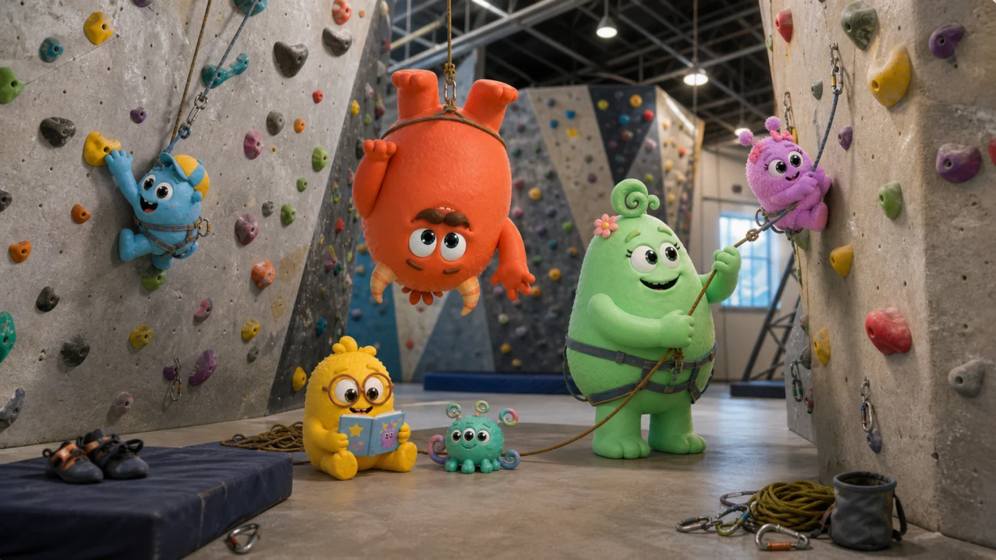Die Plopps klettern an einer bunten Kletterwand