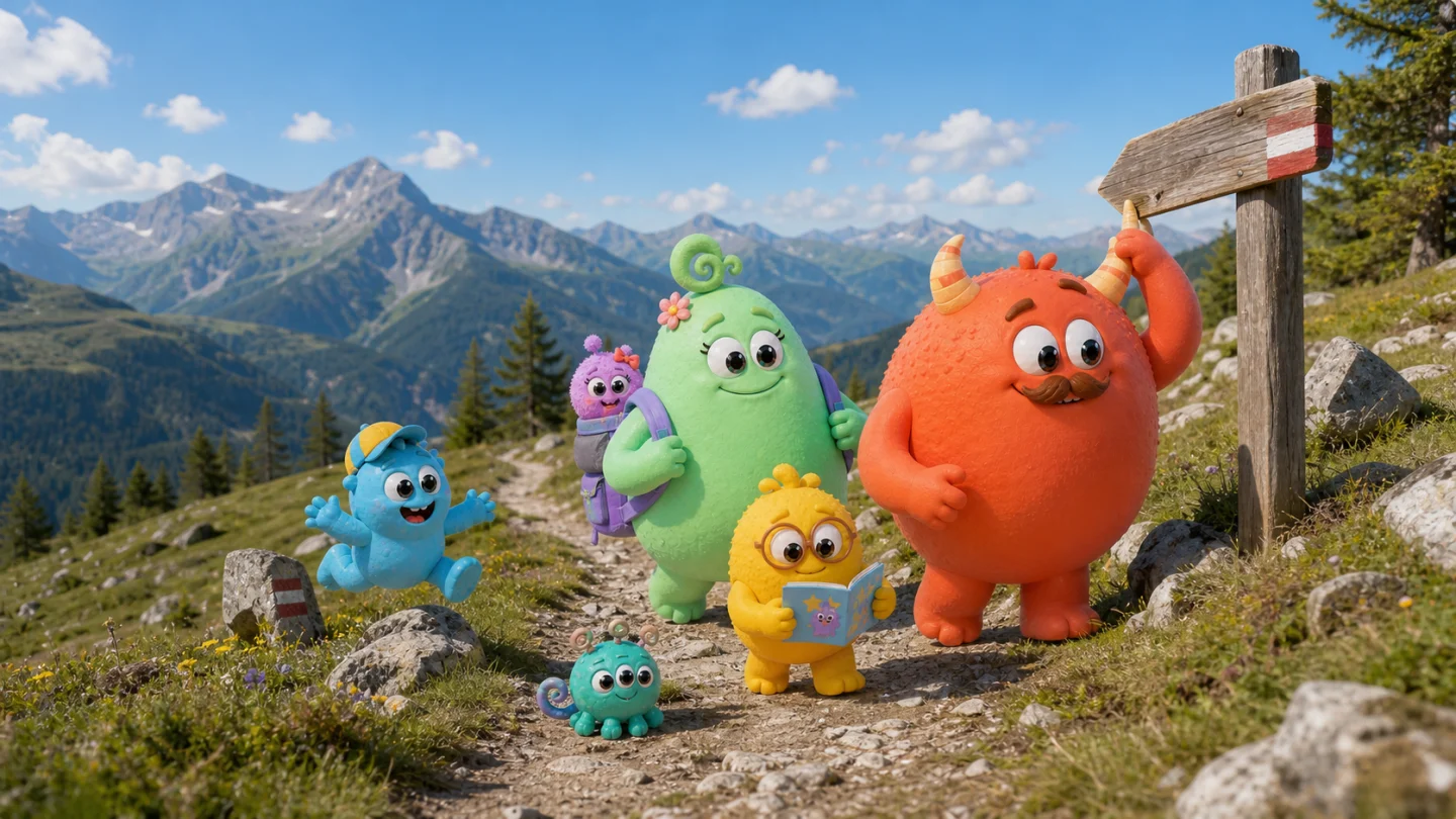 Die Plopps wandern auf einem sonnigen Weg durch die Berge