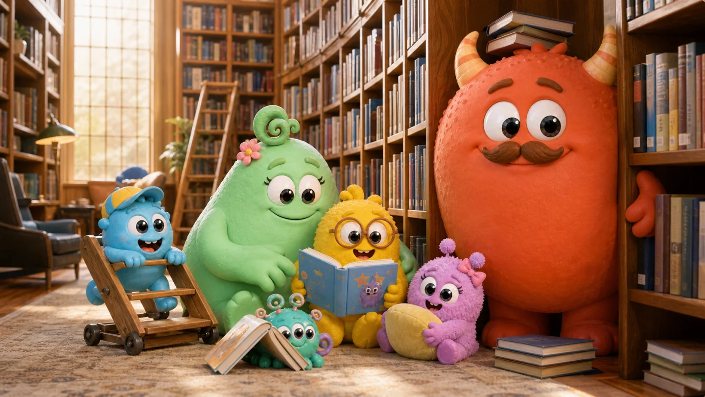 Momo und die Plopps lesen gemeinsam in einer gemütlichen Bibliothek