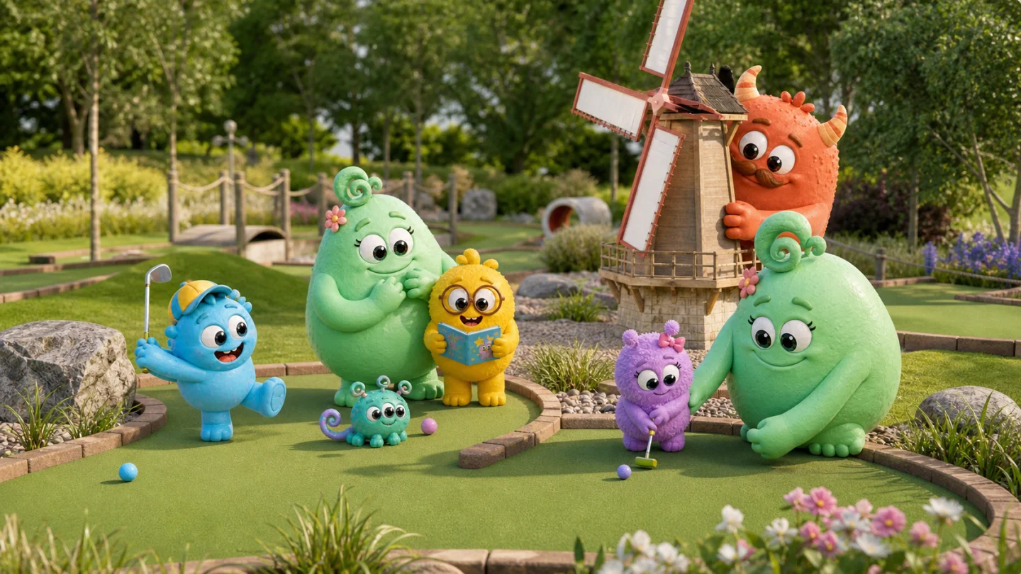 Die Plopps spielen auf einer fantasievollen Minigolfanlage