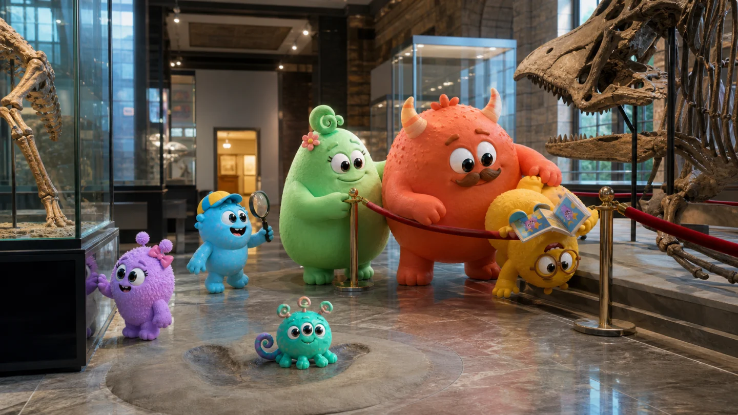Die Plopps bestaunen gemeinsam eine Ausstellung im Museum