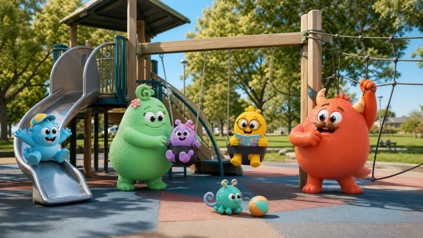 Die Plopps spielen ausgelassen auf einem bunten Spielplatz
