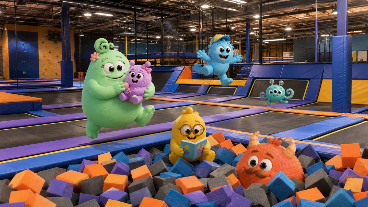 Bo und die Plopps springen in einem Trampolinpark