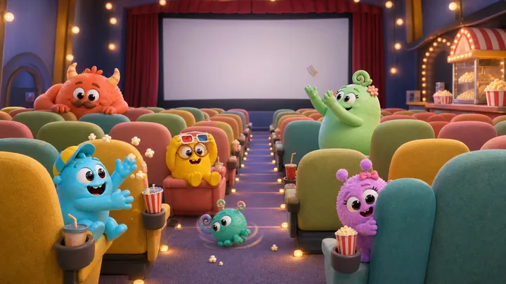 Die Monsterfamilie sitzt gemeinsam im Kino