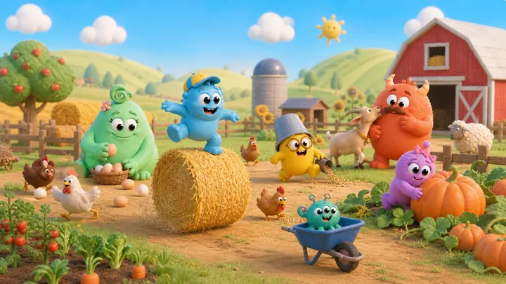 Die Monsterfamilie entdeckt gemeinsam einen Bauernhof