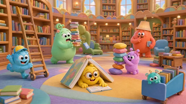 Die Monsterfamilie liest gemeinsam in der Bibliothek