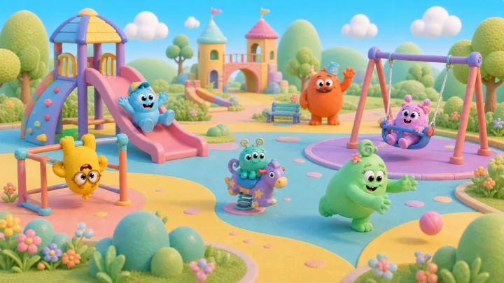 Die Monsterfamilie spielt gemeinsam auf einem Spielplatz