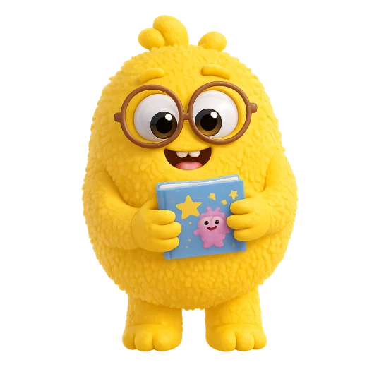 Momo, das gelbe Monsterkind mit Brille und Buch
